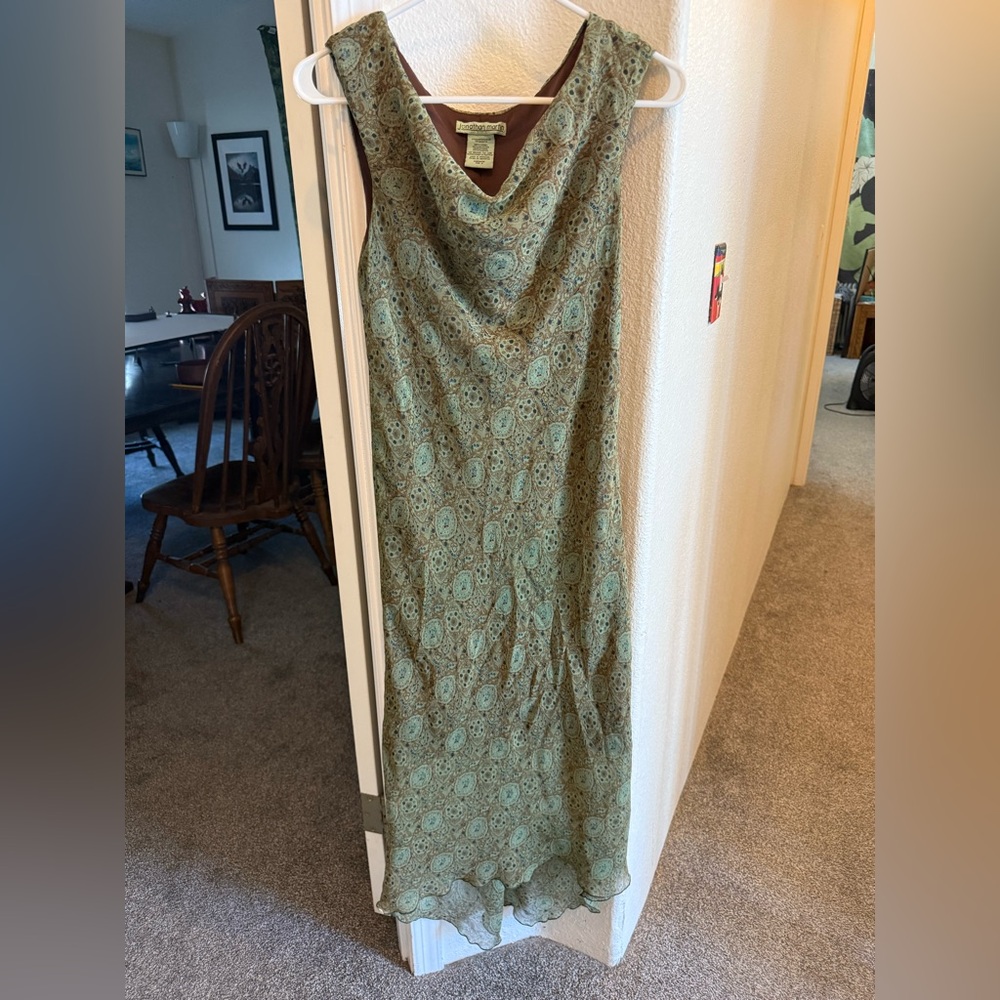 Vintage cowl neck asymmetrical Pasiley green and brown dress